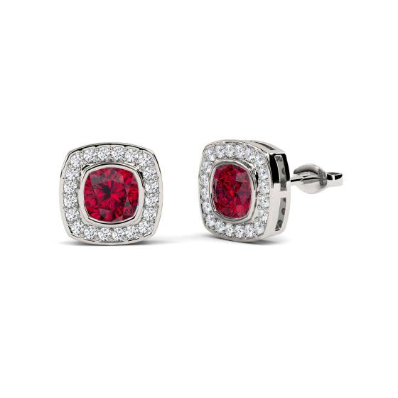 Cushion Ruby and Diamond Cluster Earrings