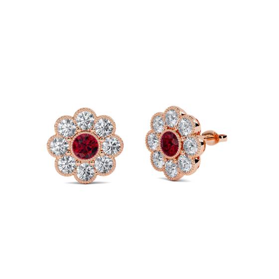 Round Ruby and Diamond Cluster Earrings