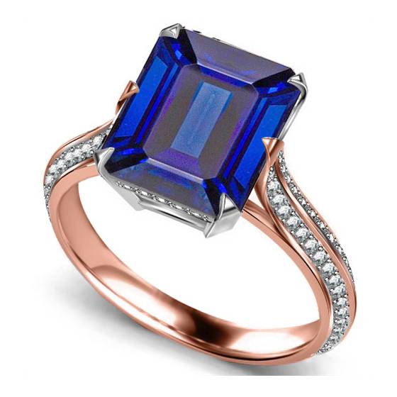 Knife Edge Blue Sapphire Emerald and Round Diamond Vintage Ring