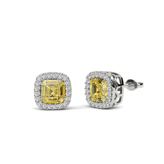 Fancy Yellow Asscher Diamond Halo Earrings