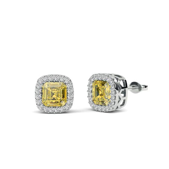 Fancy Yellow Asscher Diamond Halo Earrings