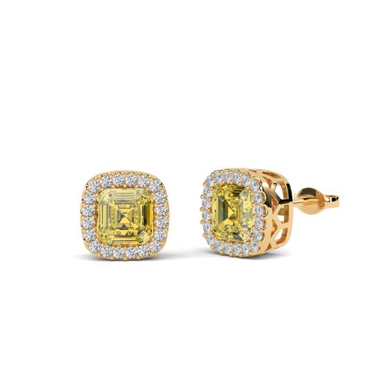 Fancy Yellow Asscher Diamond Halo Earrings