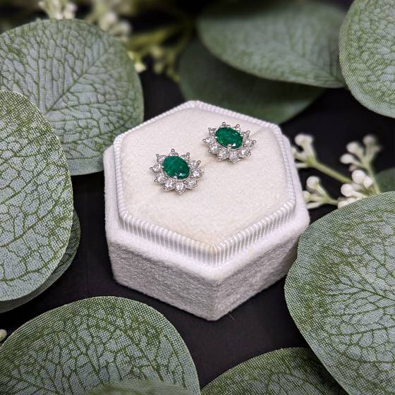 1.80ct SI/F-G Oval Green Emerald and Natural Diamond Halo Earrings