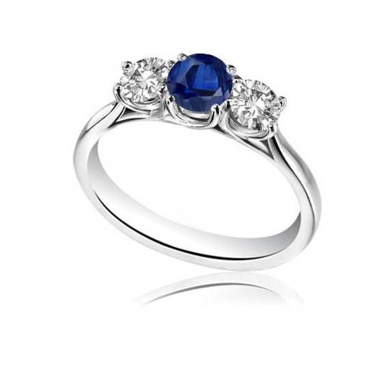 1.00ct VS/E-F Modern Round Natural Diamond and Blue Sapphire Trilogy Ring