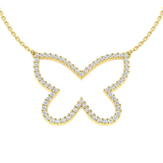 0.46ct SI2/G Round cut Natural Diamond Butterfly Necklace in 9k Yellow Gold