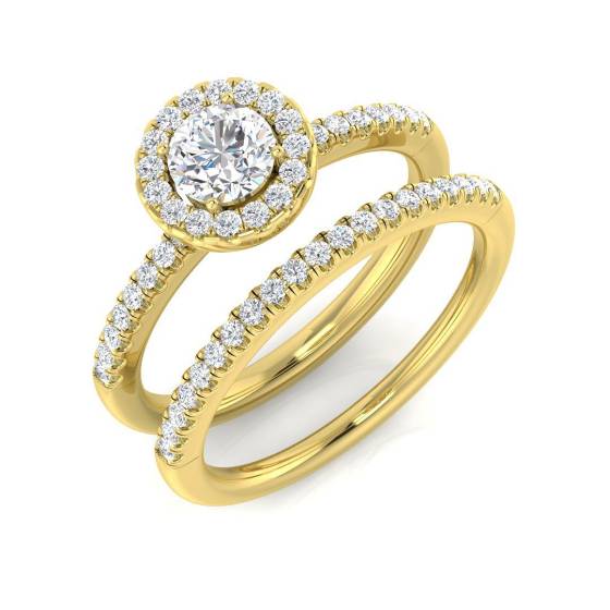 0.58ct SI1/G Round cut Natural Diamond Halo Ring in 18k Yellow Gold