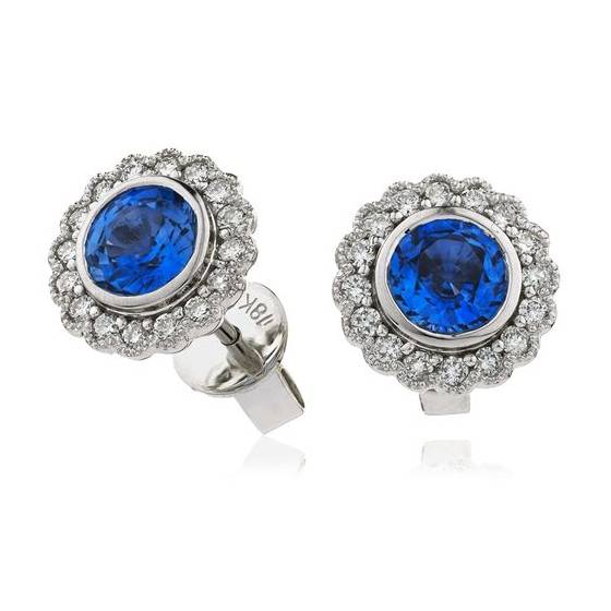 1.30ct VS/F-G Round Blue Sapphire and Natural Diamond Cluster Earrings