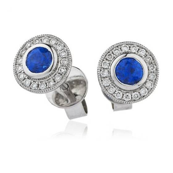 0.80ct VS/EF Classic Blue Sapphire & Round Diamond Halo Earrings