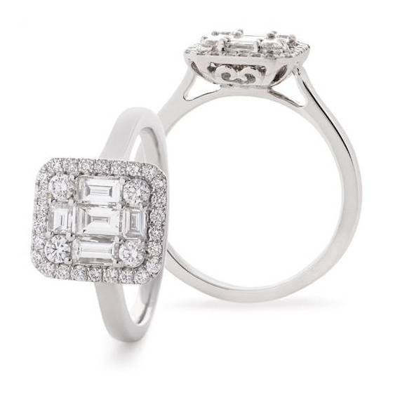 0.75 VS/F-G Modern Round and Baguette Natural Diamond Cluster Ring