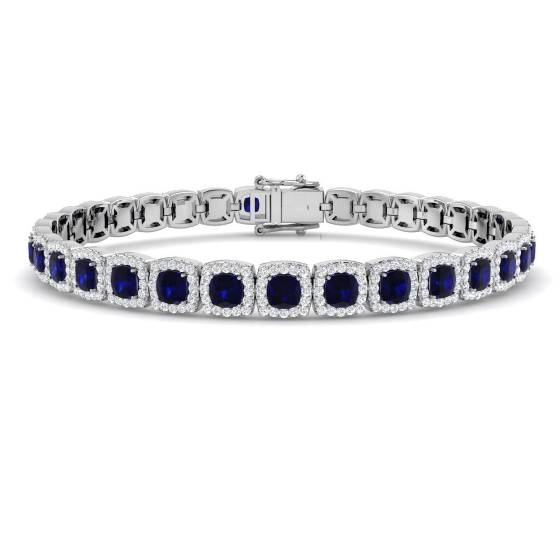 9.82ct SI2/G Cushion cut Blue Sapphire Gemstone Bracelet in 18k White Gold