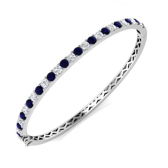 3.55ct SI2/G Round cut Diamonds Blue Sapphire Gemstone Bangle in 18k White Gold