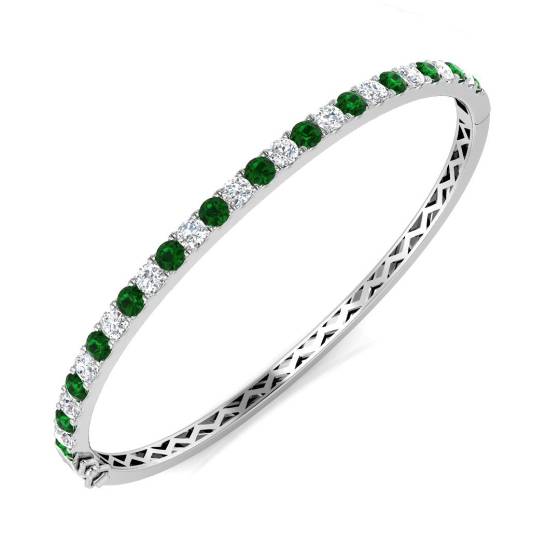2.95ct SI2/G Round cut Diamonds Emerald Gemstone Bangle in 18k White Gold