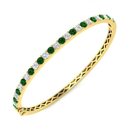 2.95ct SI2/G Round cut Diamonds Emerald Gemstone Bangle in 18k Yellow Gold