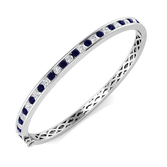 2.75ct SI2/G Round cut Diamonds Blue Sapphire Gemstone Bangle in 18k White Gold