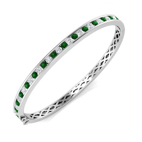 2.20ct SI2/G Round cut Diamonds Emerald Gemstone Bangle in 18k White Gold