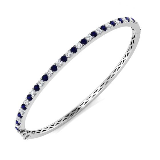 1.70ct SI2/G Round cut Diamonds Blue Sapphire Gemstone Bangle in 18k White Gold