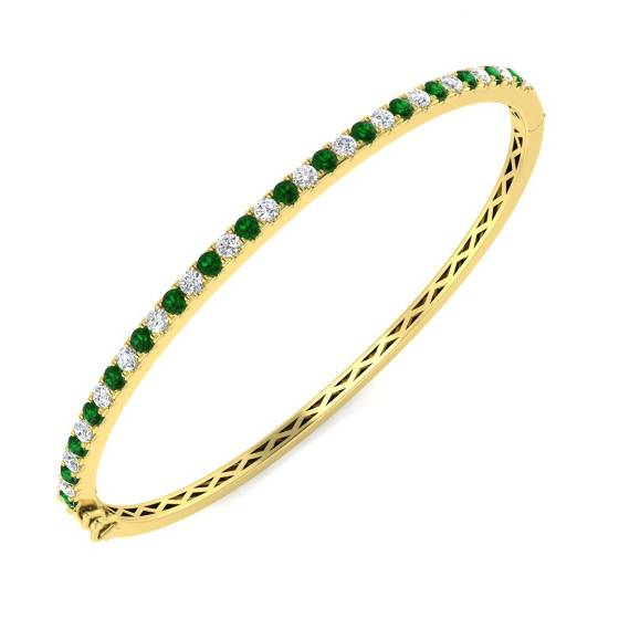 1.55ct SI2/G Round cut Diamonds Emerald Gemstone Bangle in 18k Yellow Gold