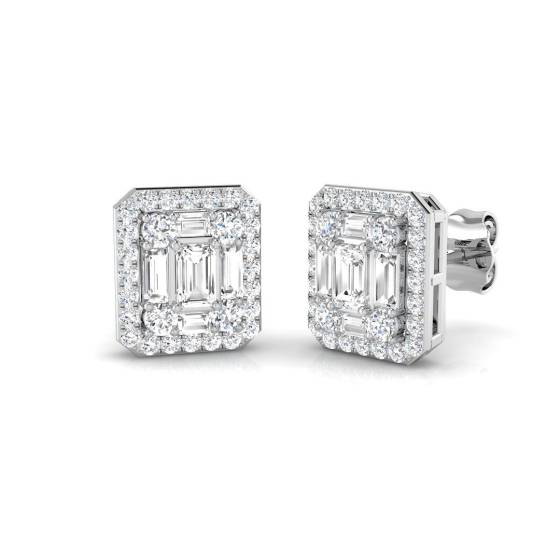 0.86ct SI2/G Baguette cut Natural Diamond Cluster Earrings in 18k White Gold