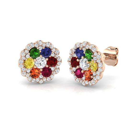 1.25ct SI2/G Round cut Multi Sapphire Gemstone Earrings in 18k Rose Gold