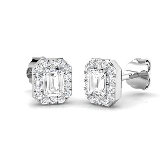 0.56ct SI2/G Emerald cut Natural Diamond Halo Earrings in 18k White Gold