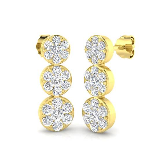 1.51ct I1/G Round cut Natural Diamond Drop Earrings in 9k Yellow Gold