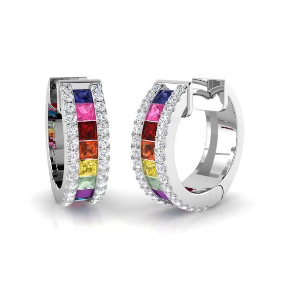 1.67ct / Princess cut Multi Sapphire Gemstone Hoop Earrings in 18k White Gold