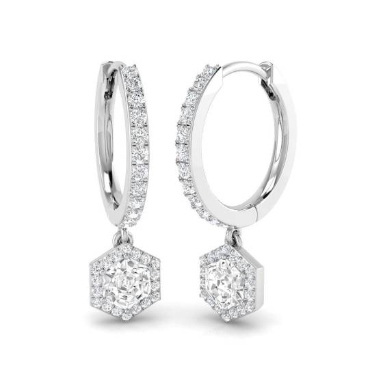 0.63ct SI1/G Hexagon cut Natural Diamond Drop Earrings in 18k White Gold