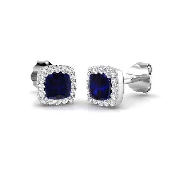 0.84ct SI2/G Cushion cut Blue Sapphire Gemstone Earrings in 18k White Gold