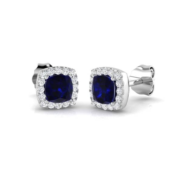 0.97ct SI2/G Cushion cut Blue Sapphire Gemstone Earrings in 18k White Gold