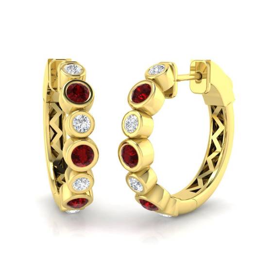 0.93ct SI2/G Round cut Ruby Gemstone Bezel Set Hoop Earrings in 18k Yellow Gold