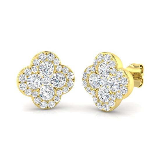 1.60ct SI2/G Round cut Natural Diamond Cluster Earrings in 18k Yellow Gold