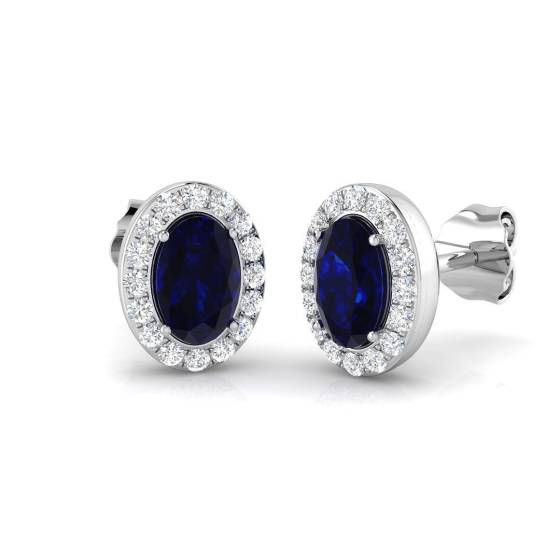 0.97ct SI2/G Oval cut Blue Sapphire Gemstone Earrings in 18k White Gold