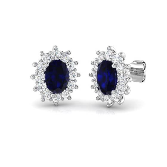 2.58ct SI2/G Oval cut Blue Sapphire Gemstone Earrings in 18k White Gold