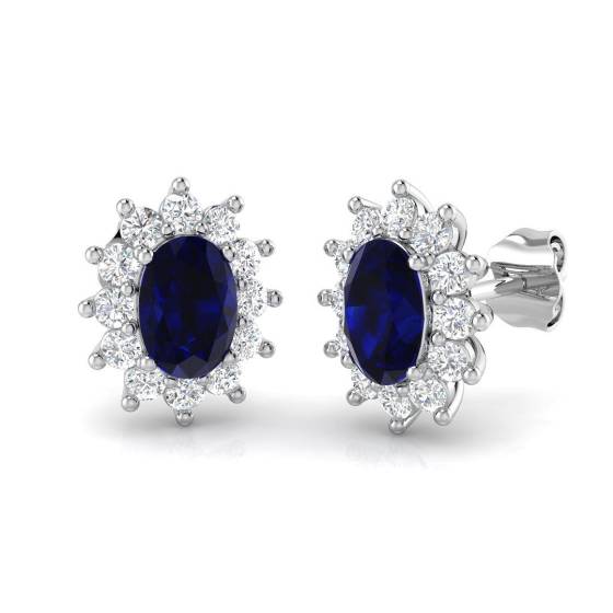 1.74ct SI2/G Oval cut Blue Sapphire Gemstone Earrings in 18k White Gold