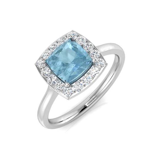 1.34ct SI2/G Cushion cut Aquamarine Gemstone Ring in 18k White Gold