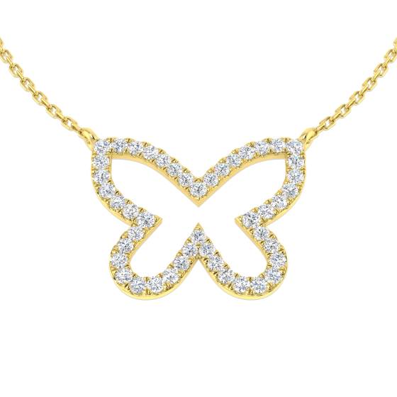 0.42ct SI2/G Round cut Natural Diamond Butterfly Necklace in 9k Yellow Gold