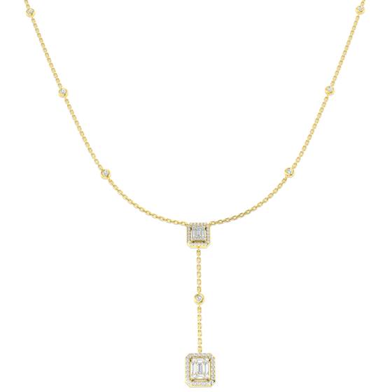 0.51ct SI2/G Emerald cut Natural Diamond Halo Necklace in 18k Yellow Gold