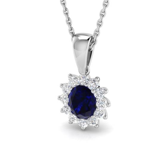 0.82ct SI2/G Oval cut Blue Sapphire Gemstone Pendant in 18k White Gold