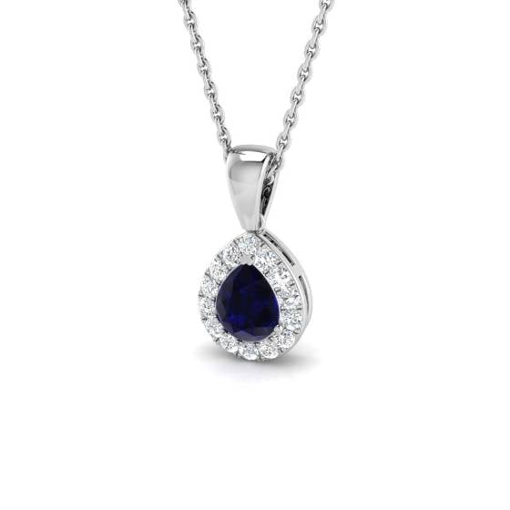 0.67ct SI2/G Pear cut Blue Sapphire Gemstone Pendant in 18k White Gold