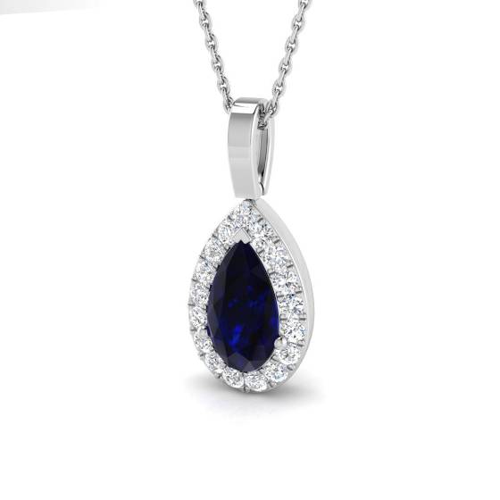1.76ct SI2/G Pear cut Blue Sapphire Gemstone Pendant in 18k White Gold