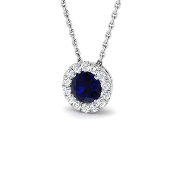0.73ct SI2/G Round cut Blue Sapphire Gemstone Pendant in 18k White Gold