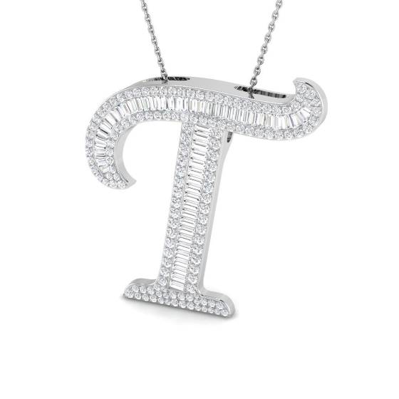 2.09ct SI2/G Baguette cut Natural Diamond Initials Pendant in 9k White Gold