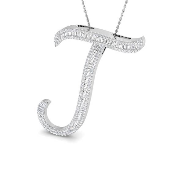 1.24ct SI2/G Baguette cut Natural Diamond Initials Pendant in 9k White Gold
