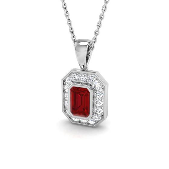 0.91ct SI2/G Emerald cut Ruby Gemstone Bezel Set Pendant in 18k White Gold