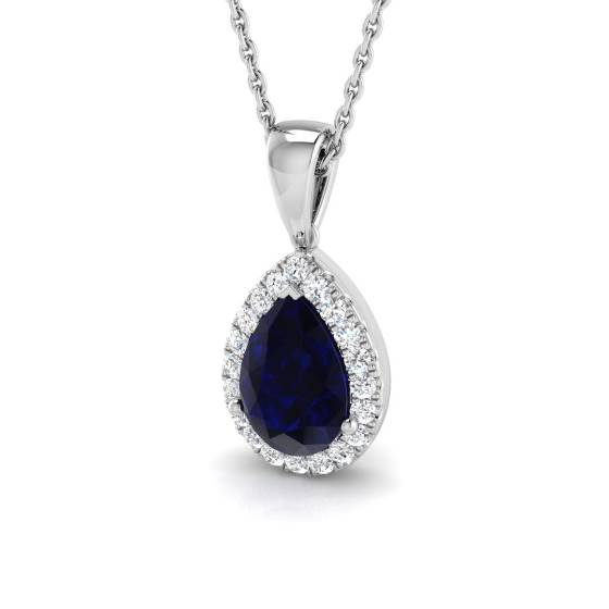 1.50ct SI2/G Pear cut Blue Sapphire Gemstone Pendant in 18k White Gold