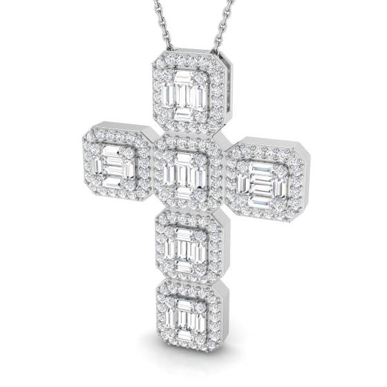 1.81ct SI2/G Baguette cut Natural Diamond Cross Pendant in 9k White Gold
