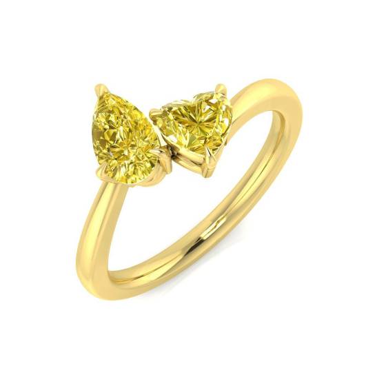 0.87ct Heart cut Natural Fancy Yellow Diamond 2 Stone Ring in 18k Yellow Gold