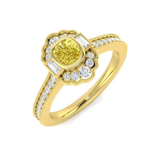 0.71ct Cushion cut Natural Fancy Yellow Diamond Vintage Ring in 18k Yellow Gold