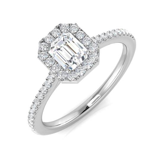 0.62ct SI1/G Emerald cut Natural Diamond Halo Ring in Platinum