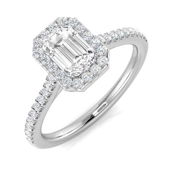 0.90ct SI1/G Emerald cut Natural Diamond Halo Ring in Platinum